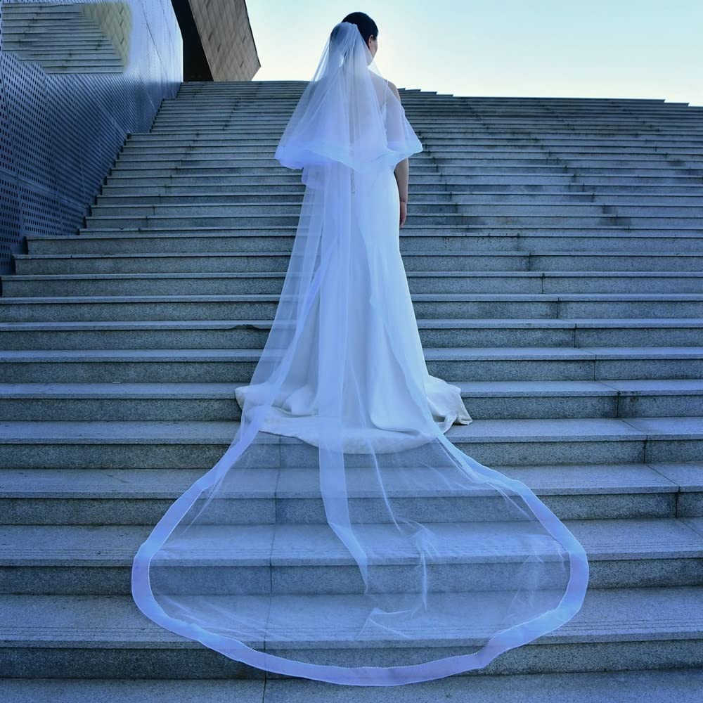 Nozze Long Wedding Veil Cathedral Length Veil 2 Tier Sparking Bride Veil with Blusher Rhinestone Edge Veiled Collection (Color : Ivory, Size : 200cm)