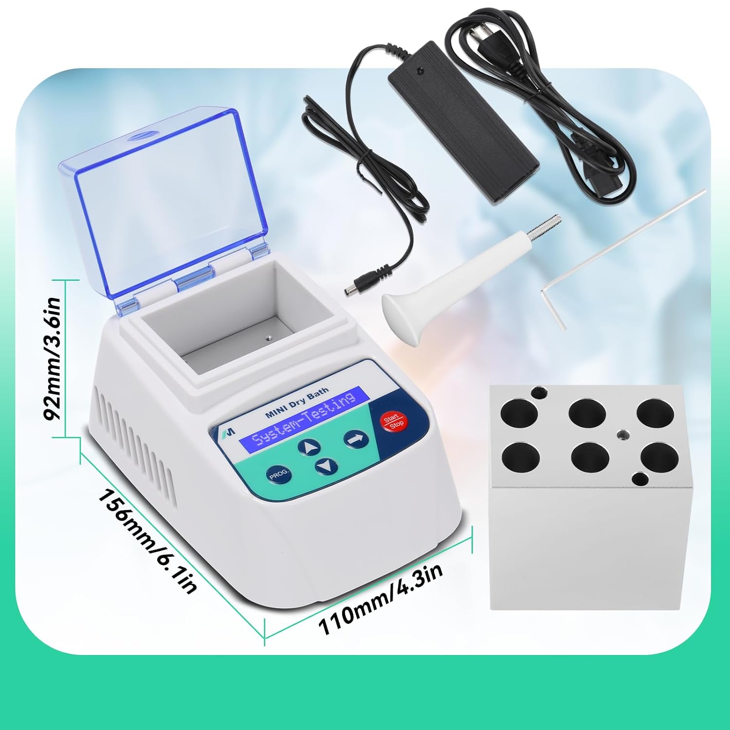 Mxmoonfree Mini Digital Dry Bath Incubator with included accessories and dimensions