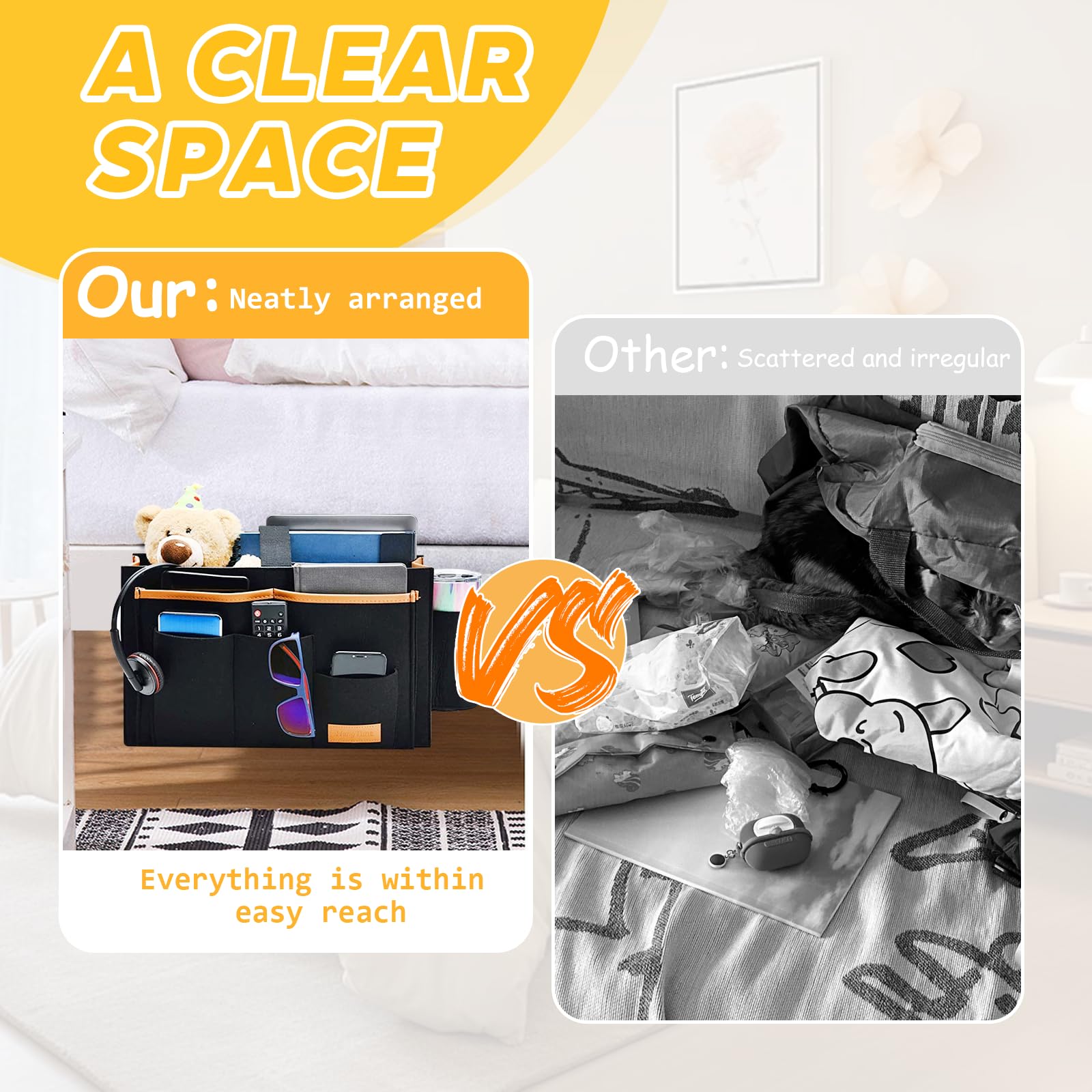 Tasca Portaoggetti Letto, Portaoggetti Letto Feltro, Porta Oggetti Letto 34 * 19 * 11cm, Tasca Letto per Letti e Divani, Tasca per Letto Non Richiede Forature, 1 Pezzo