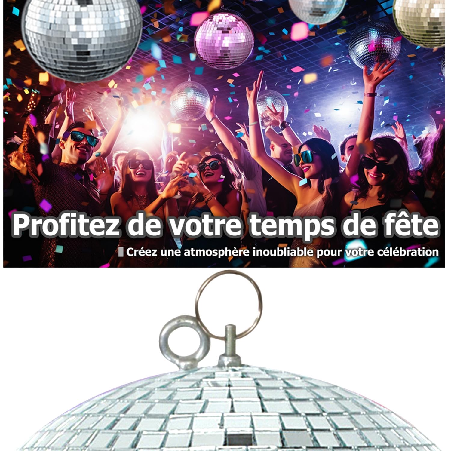 Boule à Facettes Argentée 40cm FXLab avec deux points de suspension - Matériau Léger - Mirroir Poli + Moteur à piles