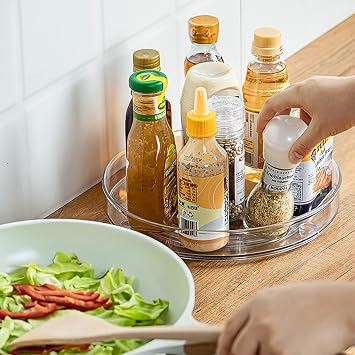 2 Pack Lazy Susan Turntable Cupboard Organiser(27+23.5cm), Rotatable Spice Rack Fridge, Clear Cupboard Condiment Spinning Tray, Multi-Functional Spice Rack for Kitchen Storage