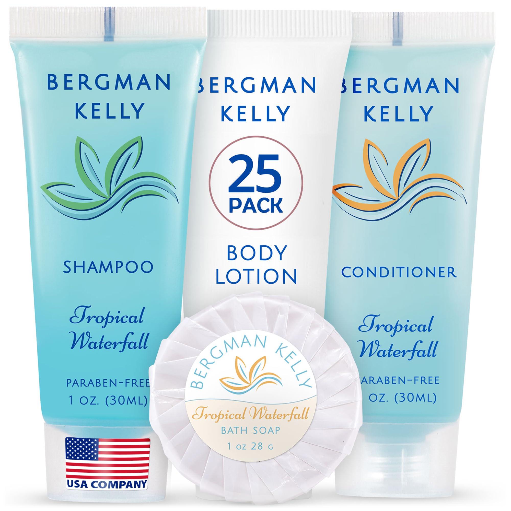 BERGMAN KELLY Hotel Toiletries Bundle (Tropical Waterfall, 1 oz each, 100 Pieces) 4-Piece Set: 25 Round Bar Soap, 25 Shampoo, 25 Conditioner & 25 Body