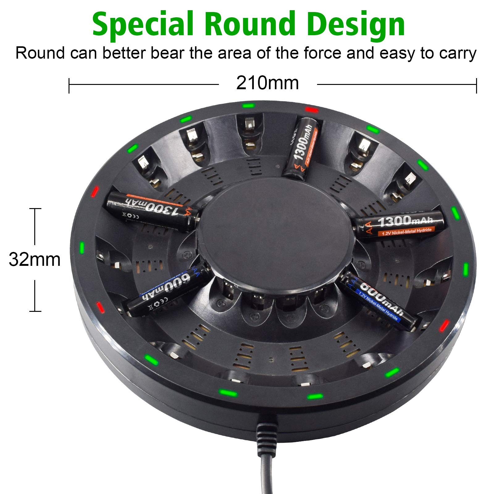Chargeur de batterie 16 baies AA AAA (mise à jour, charge haute vitesse) avec lumière LED intelligente et prise, pour piles rechargeables NIMH NICD et plus encore