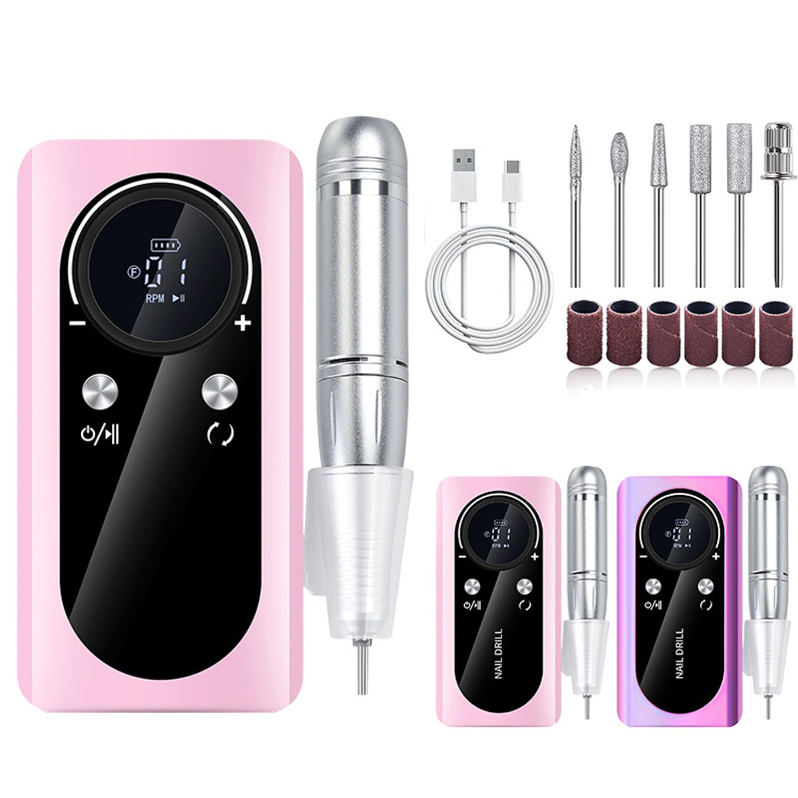Perceuse à ongles électrique sans fil 45000 TR/Min avec 6 forets pour faux ongles acryliques rose
