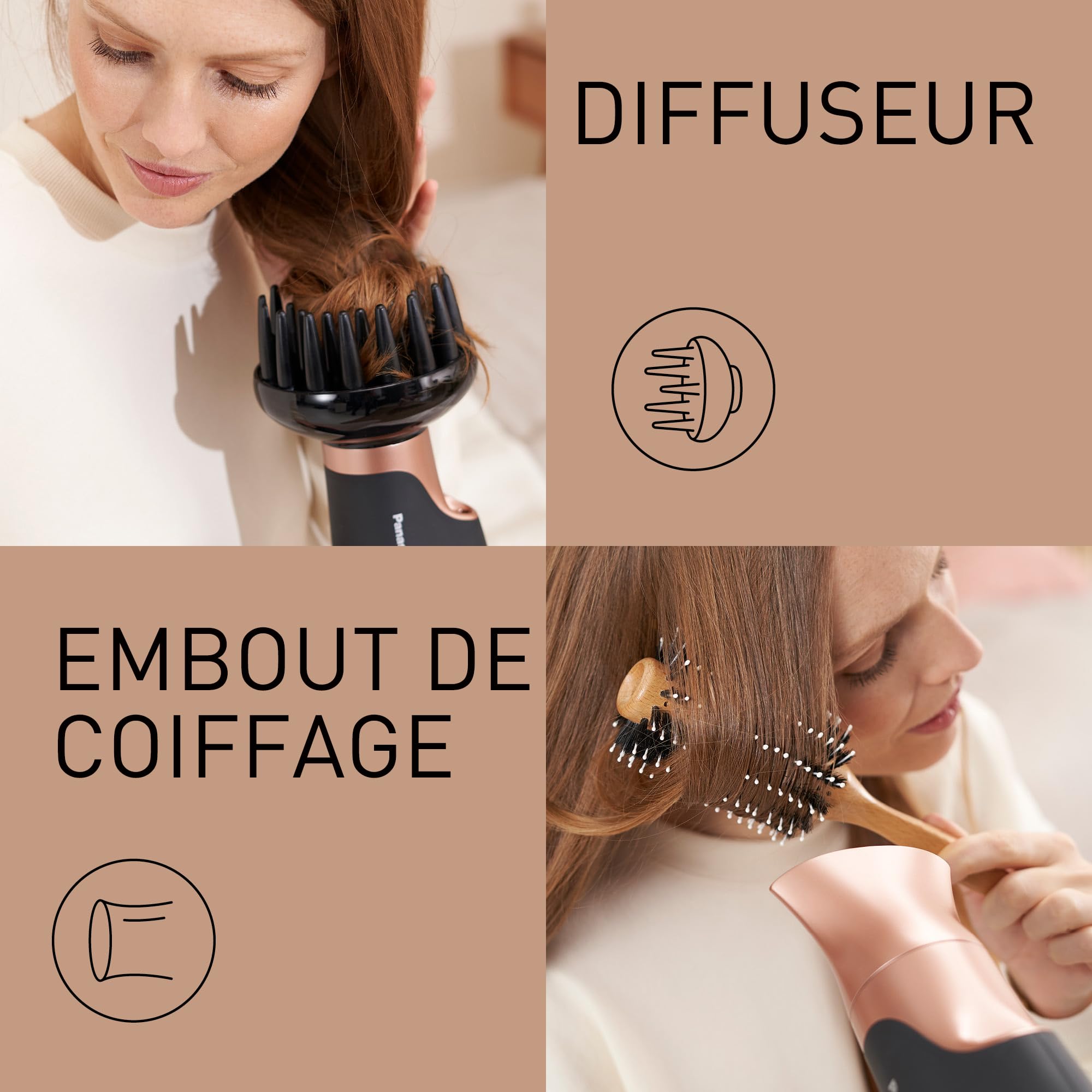 Panasonic - Personalcare EH-NA63CN825 | Sèche-cheveux, Technologie Nanoe, Soin du cheveu, 3 vitesses, 4 températures, 2 accessoires, Touche Air Froid, Noir et or
