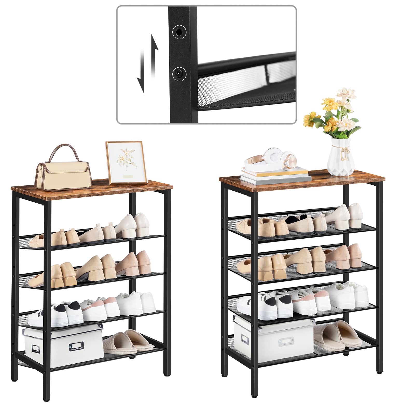 HOOBRO EBF106XJ01 5-poziomowy organizer na buty, regał z płaską lub ukośną regulowaną półką, wąski do przechowywania butów, do przedpokoju, 60 x 30 x 85 cm, metalowa rama