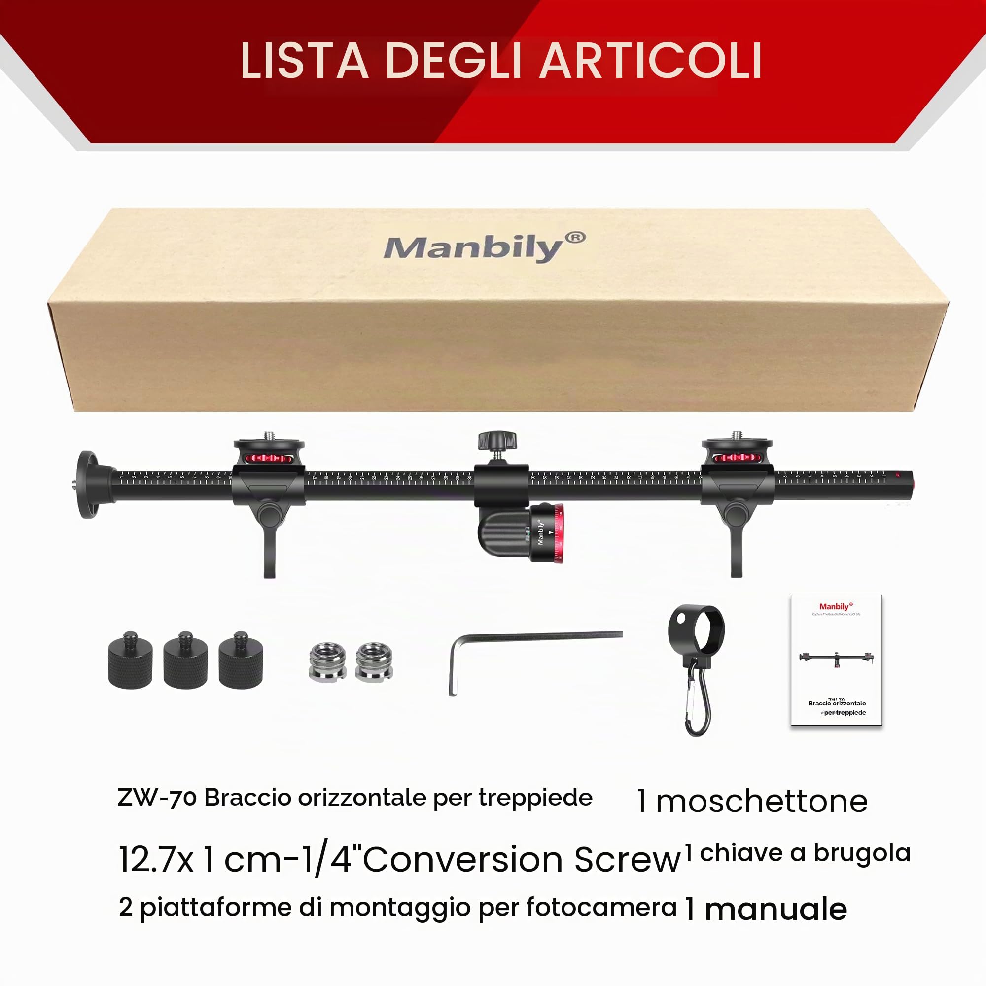 Manbily Braccio di estensione per treppiede, colonna centrale orizzontale da 70,1 cm, barra per accessori per treppiedi in alluminio a tre montaggi, braccio girevole a 360 ° per riprese in testa per