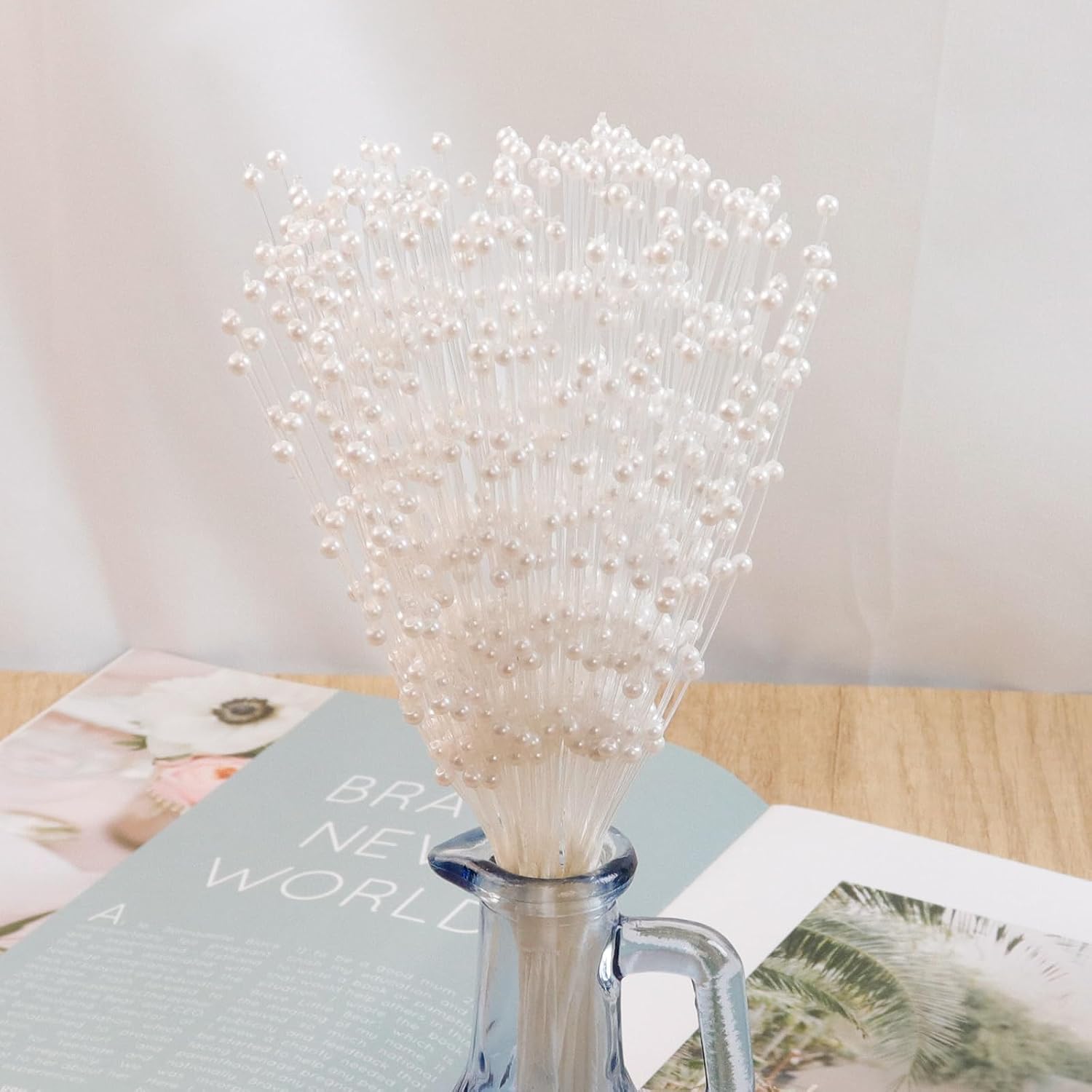 Coshar 50Pcs Pearl Stick Stems Bouquets Christmas Tree Picks and Sprays Pearl Stick for Flower Bouquet for Bride Wedding and Party Decoration(White)
