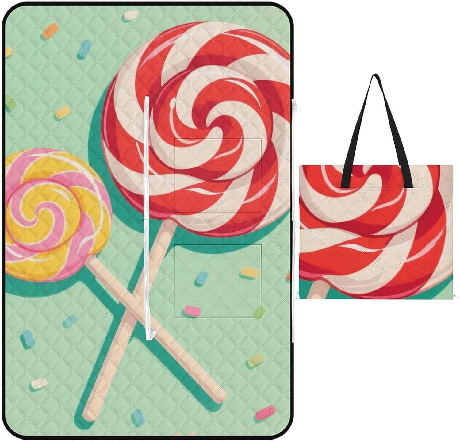 Lollipop Picnic Blanket 150x100cm, Foldable 2-in-1 Picnic Mat and Tote Bag Portable Waterproof Beach Mat Sandproof Outdoor Blanket for Park, Hiking, Beach, Camping, Travel