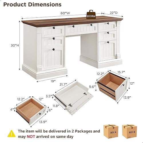 Miniatura 2 de OKD Escritorio ejecutivo de 60 pulgadas con cajones, escritorio de oficina en casa de granja con estación de carga, bandeja para teclado,