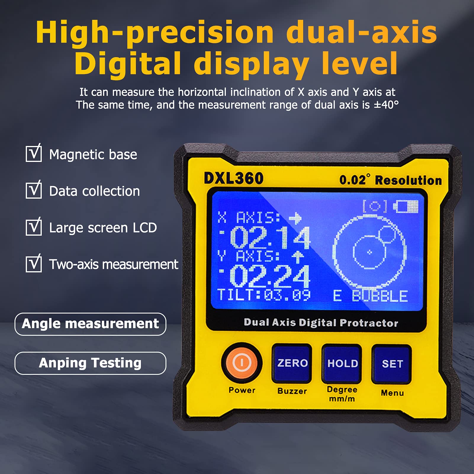 DXL360 Level Box DXL360 Boîte de mesure de niveau à double axe, rapporteur numérique, inclinomètre, règle d'angle, élévation, 0,02 ° Outil de mesure précis haute résolution avec écran LCD