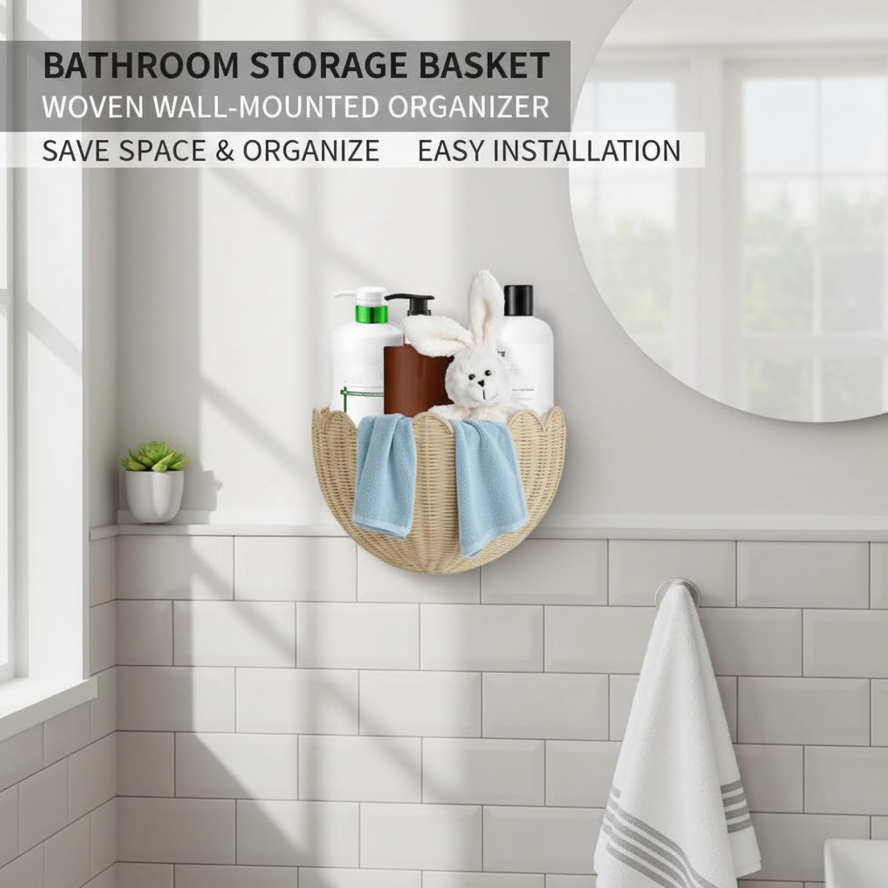 Lot de 2 paniers muraux décoratifs tissés à la Main, Style bohème festonné, Rangement et décoration en rotin pour la Maison, la Salle de Bain, la Cuisine, Le Salon, 2 Tailles