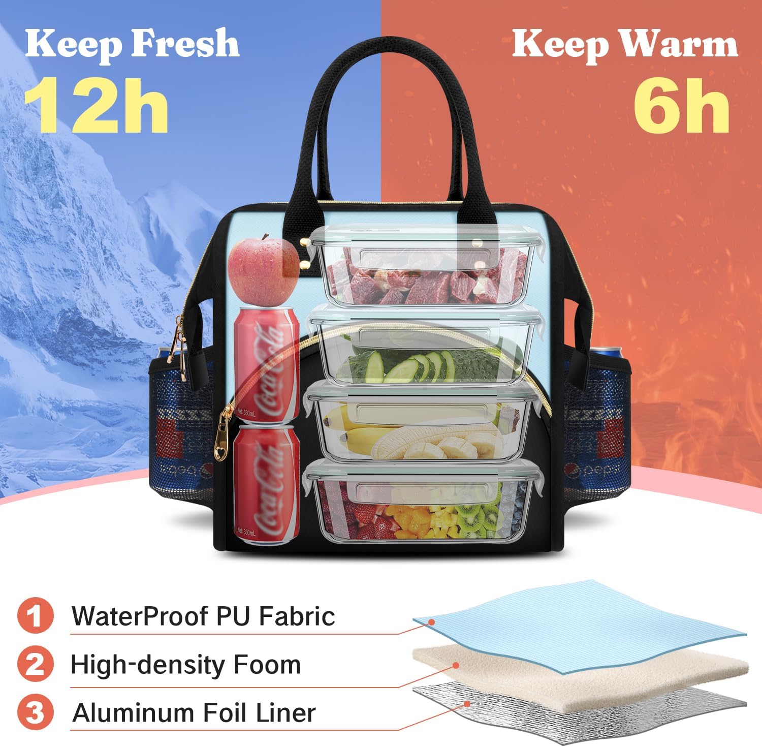 Lunch Bag Women Insulated Lunch Box Wide-Open Lunch Tote Bag Large Drinks Holder Durable Nylon Thermal Snacks Organizer for Men Adults Work Picnic Hiking Beach Fishing, Light Khaki+Black - Image 6
