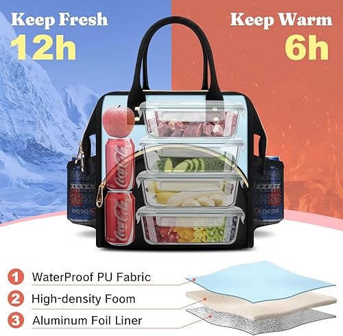 Miniatura 6 de Bolsa de almuerzo aislada para mujer, bolsa de almuerzo de apertura amplia, soporte grande para bebidas, organizador térmico de nailon duradero para