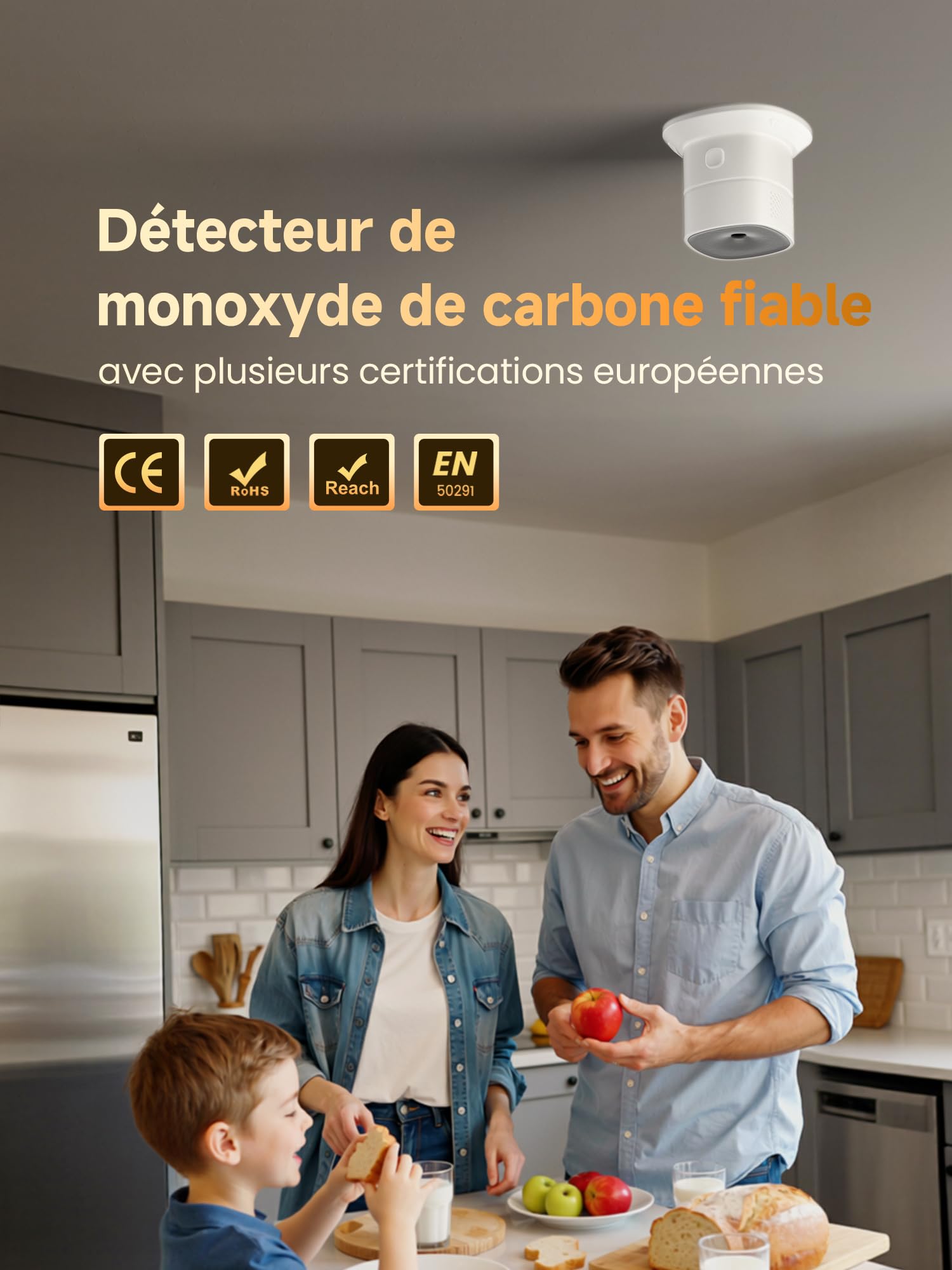 Heiman Mini détecteur de monoxyde de Carbone certifié en 50291 - Durée de Vie du capteur : 10 Ans - Bouton de Test - HS1CA
