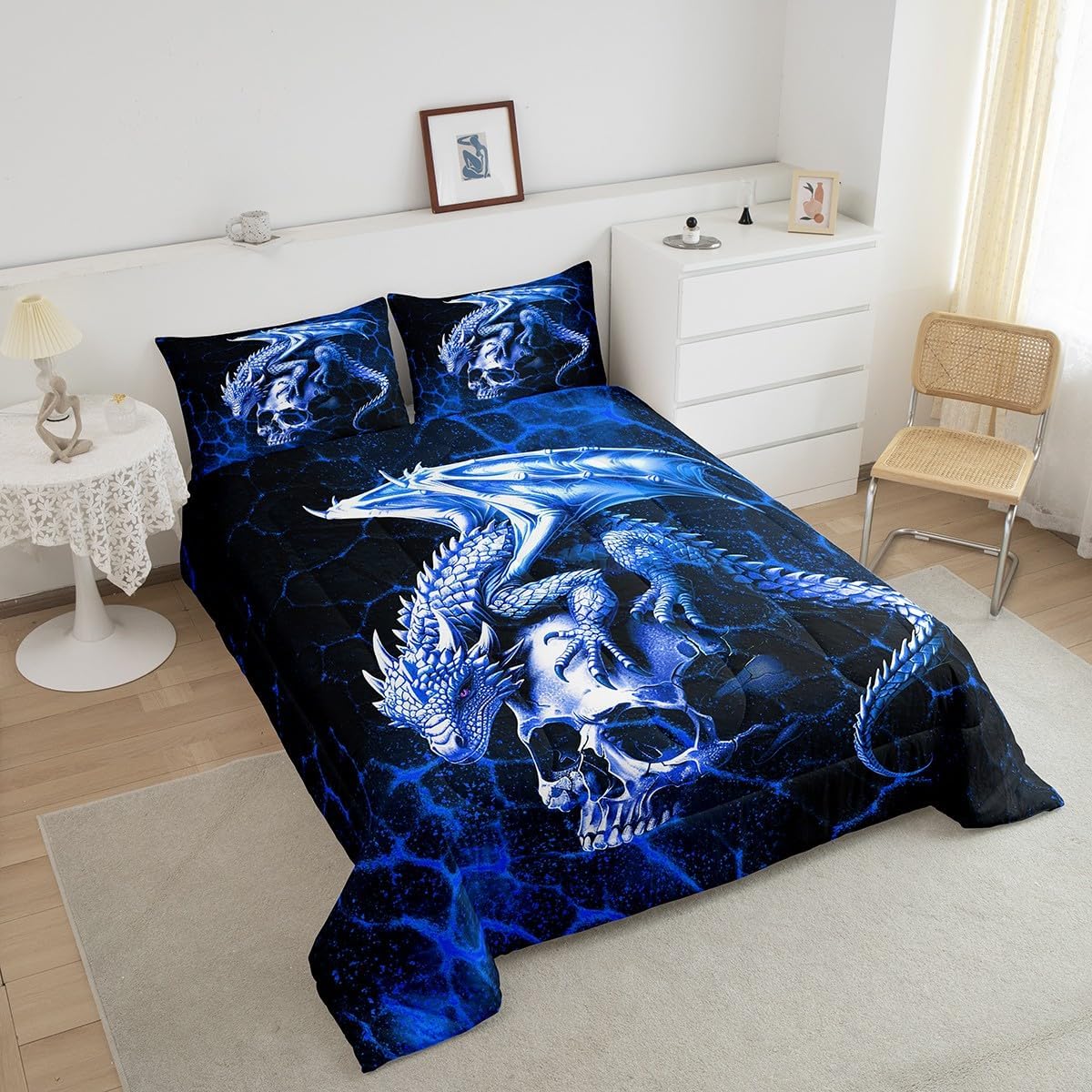 Feelyou Dragon Comforter Set Queen Size Kids Blue and Black Comforter for Boys Teens Sugar Skull Bedding Set Honeycomb Dragon Wild Animal Duvet Set Room Decor