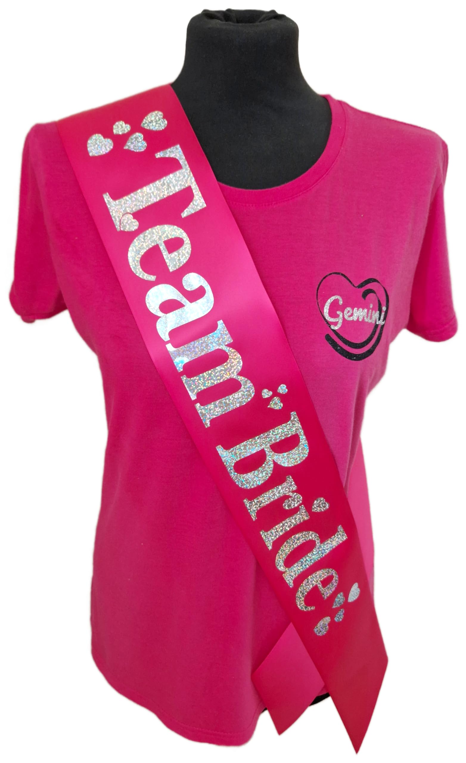 Hen Party Sashes - Beautiful fuchsia satin ribbon with silver holographic text and heart embelishments - Team Bride
