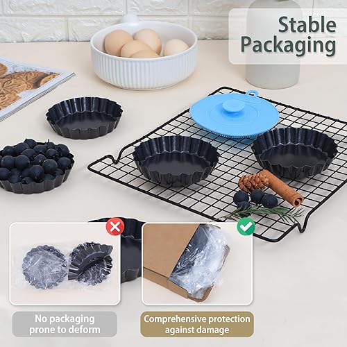 Miniatura 8 de Juego de 10 mini sartenes para tartas con fondo extraíble de 4 pulgadas, antiadherente, redonda, acero al carbono resistente para pasteles de