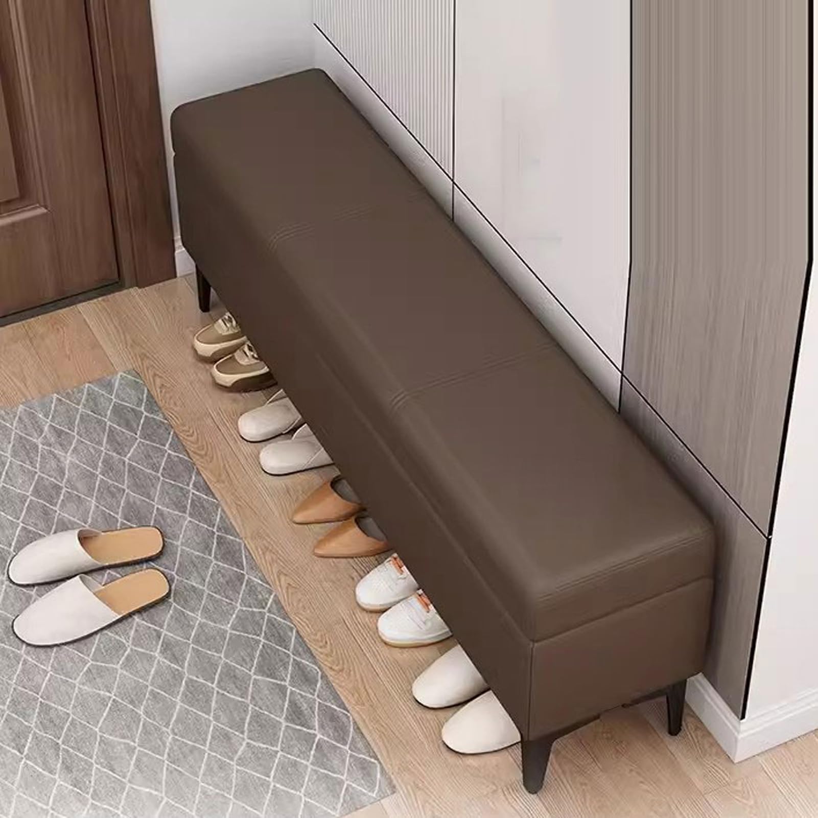 Banco de pasillo acolchado de piel sintética, elegante otomana de almacenamiento larga para sala de estar, dormitorio o vestíbulo, solución de asiento de extremo estrecho de la cama con almacenamiento