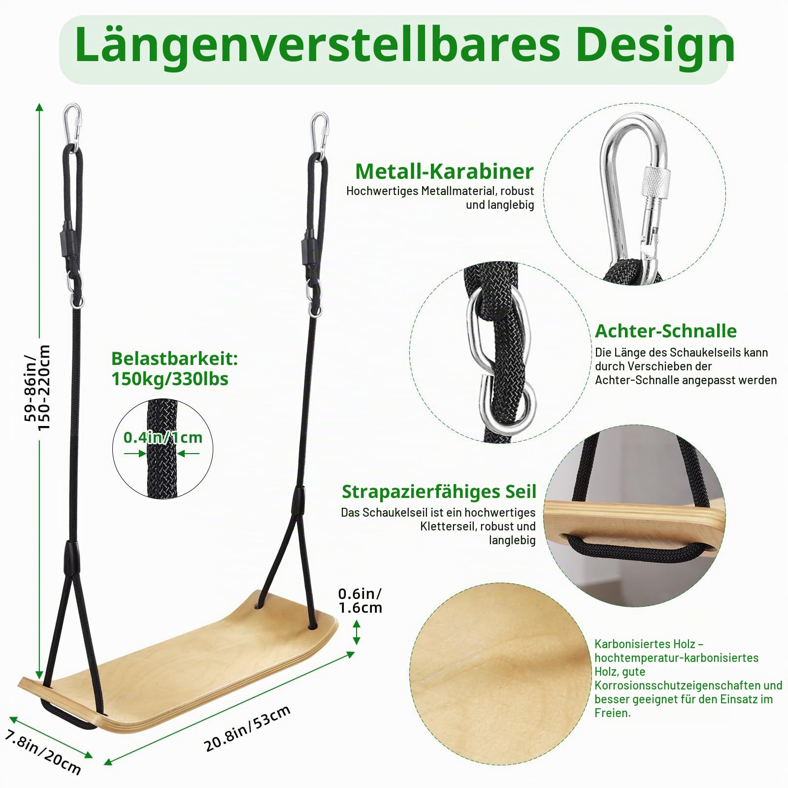 PELLOR Holzschaukel Outdoor für Kinder und Erwachsene, Schaukelsitz Holz mit höhenverstellbarem Seil, Garten Schaukel für Innen und Außenbereich, maximale Belastung 150 kg