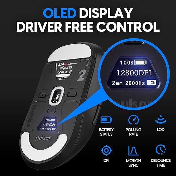 Pulsar X2A Medium ES Competitive Wireless Gaming Mouse, Lightweight 2.3oz (65g), Ambidextrous, Optical Switch, 2.4 Ghz,4K Dongle Included,26k DPI,PAW3395 Sensor OLED Display, Black - 4