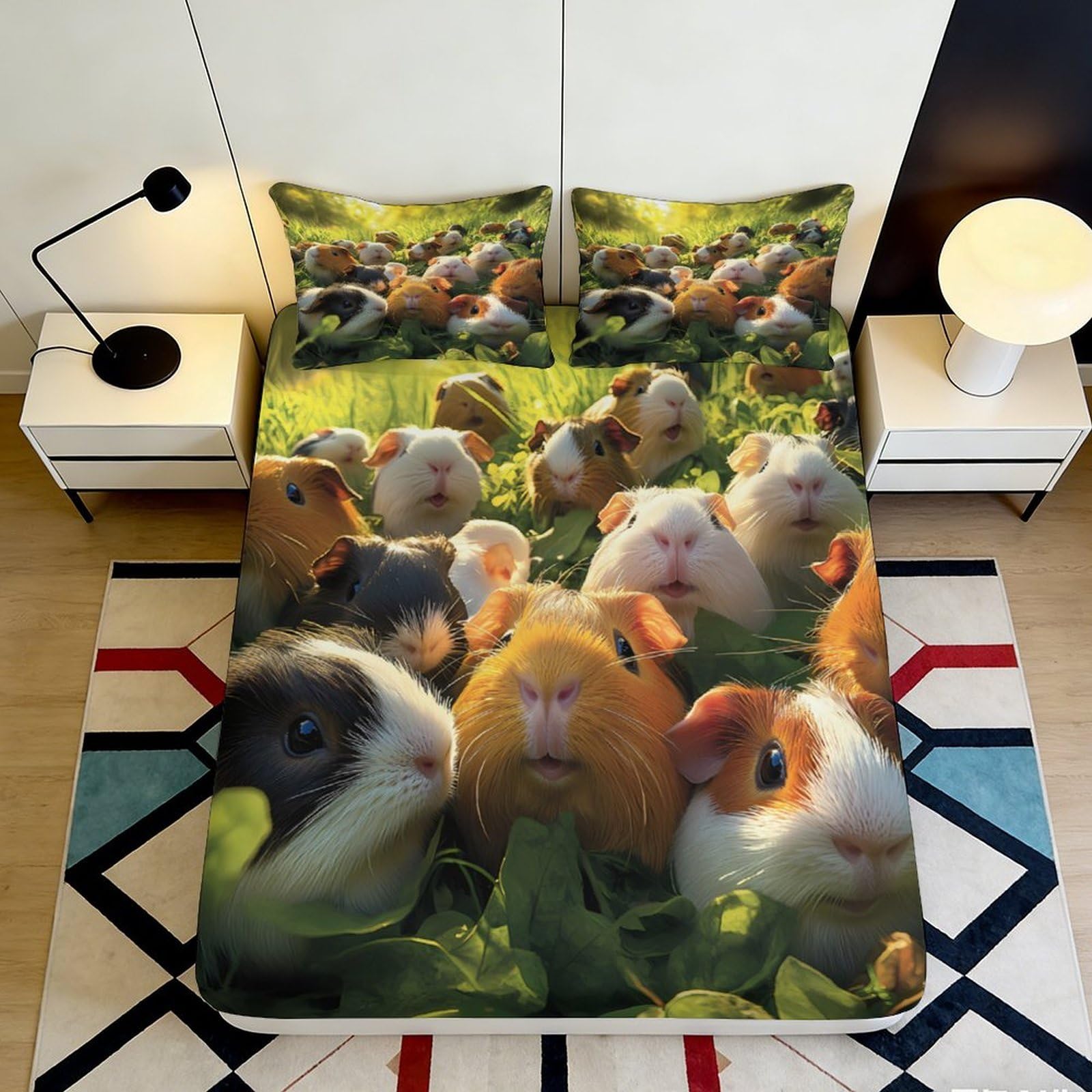 3D Printed Guinea Pig Fitted Sheet Microfiber Soft Dorm Decor Cute Rodent Mattress Cover for Bedroom Guestroom Mattress Protection 90x200x25cm