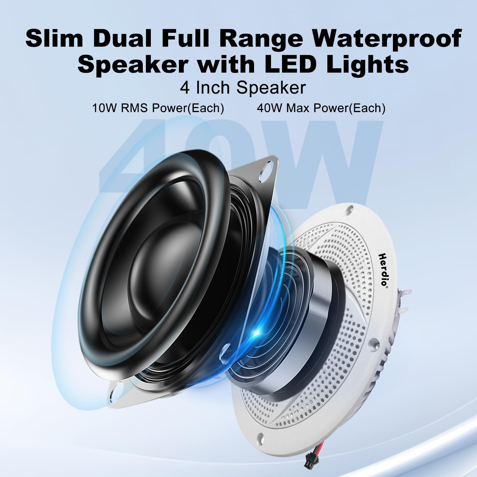Herdio 4 Inch Bluetooth Marine Speakers, Low Profile Slim Design with LED Lights,80W 2-Way Weather Resistant Outdoor Audio, Suitable for Boat, RV, UTV, ATV, Golf Cart, 2 Pack White