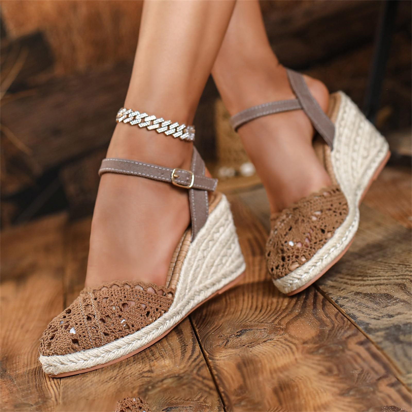 Sandalias De Alpargatas Bordadas Para Mujer, Con Y Tiras Al Tobillo, Punta Cerrada, Zapatos Verano Marca Mujer (Brown, 39) Cuñas Beige Cuña Andar Yute Negras Esparto