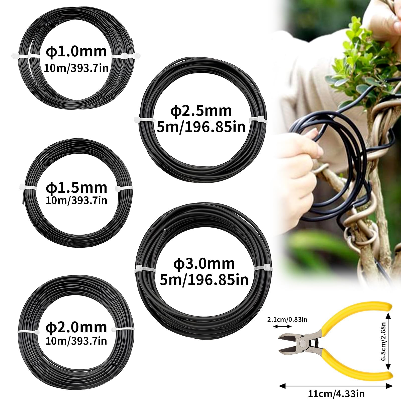 Bonsai Draht 6 Rollen Schwarz 50 m Pflanzendraht Basteldraht | Bonsaidraht Ø1,0 mm/1,5 mm/2,0 mm/2,5 mm/3,0 mm, flexibel und formstabil, für Bonsai, DIY, Skulpturen und Pflanzenpflege