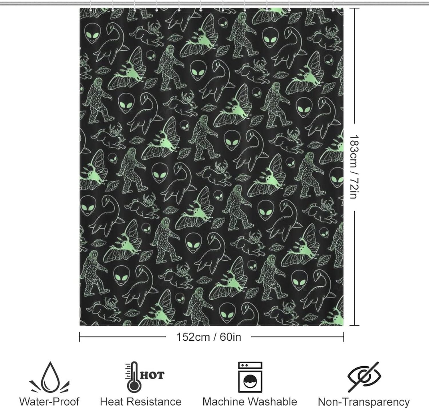 Green Lines Cryptid Pattern Shower Curtain Waterproof Bath Curtain Set with Hooks for Bathroom Decoratione 60x72Inch（152x183cm）