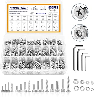 950Pcs Metric Screw Assortment, Nuts and Bolts Assortment, M3 M4 M5 M6 Hex Socket Head Cap Screws, SUVICTONG 304 Stainless Steel Hex Head Bolts and Nuts kit with Lock & Flat Washers