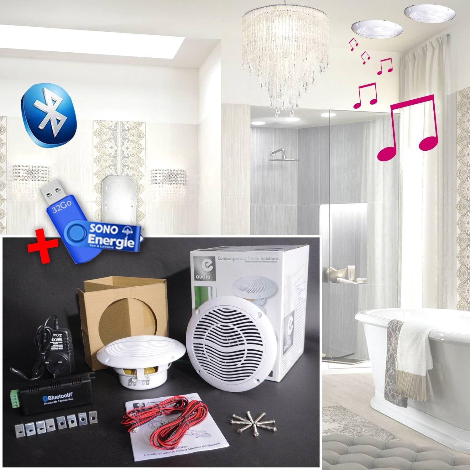 Kit Haut-Parleurs B402BL 2x15W de Plafond avec Bluetooth+Clé USB 32G