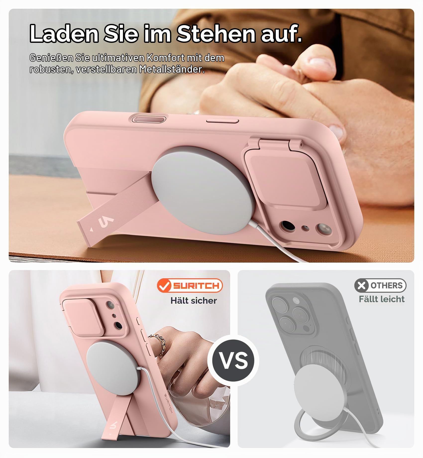 SURITCH Magnetisch hülle Kompatibel mit iPhone 17 Pro Max, Stoßfest Handyhülle Kratzfest Schutzhüllemit Kamera Steuertaste & Kameraabdeckung & verstellbarem Kickstand(Rosa)