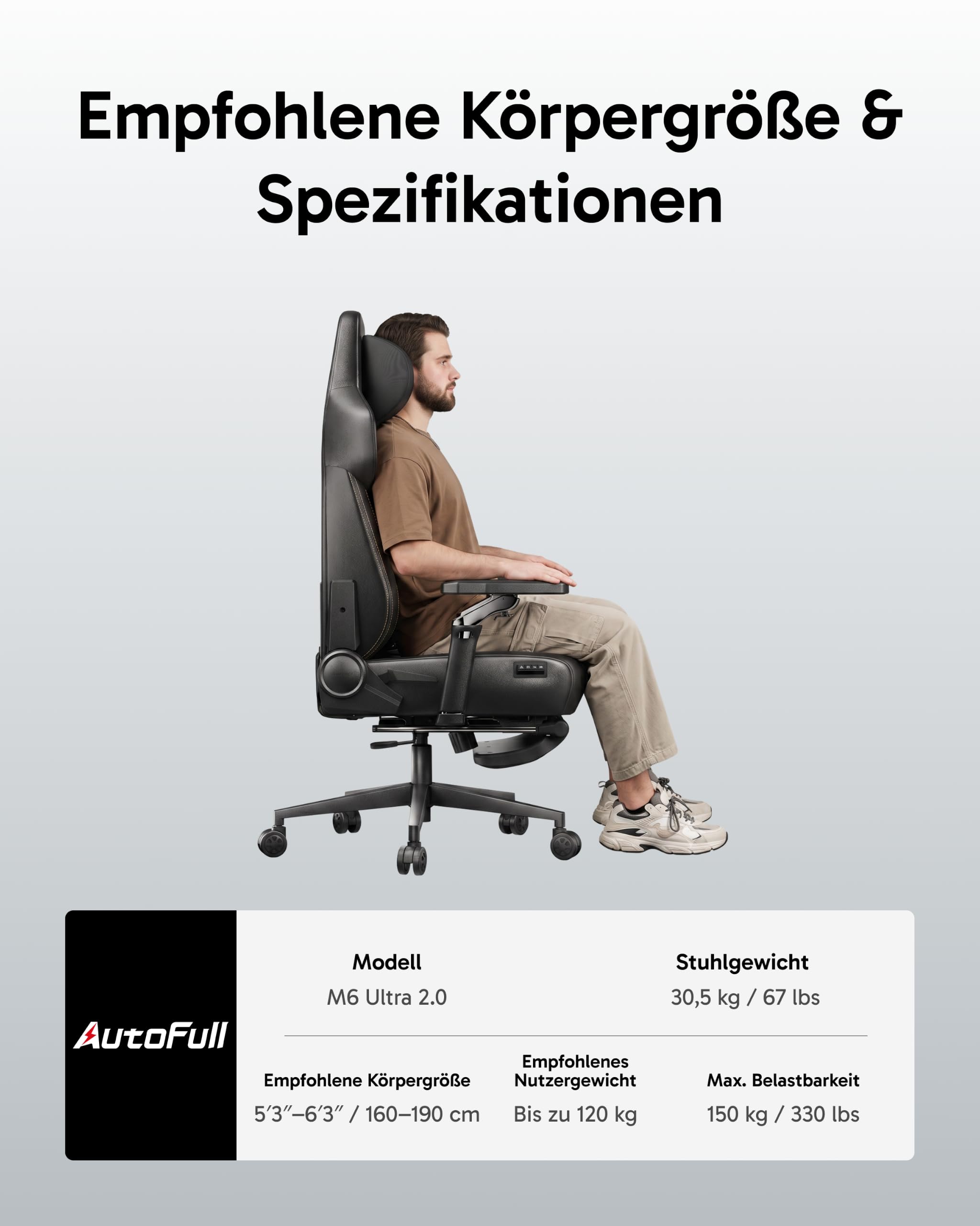 AutoFull M6 Ultra 2.0 Gaming Stuhl mit dynamischer Lordosenstütze, Kühlung und Heizung, Dual-Zonen-Massage, 160° Rückenlehne, Fußstütze… – Ansicht 11
