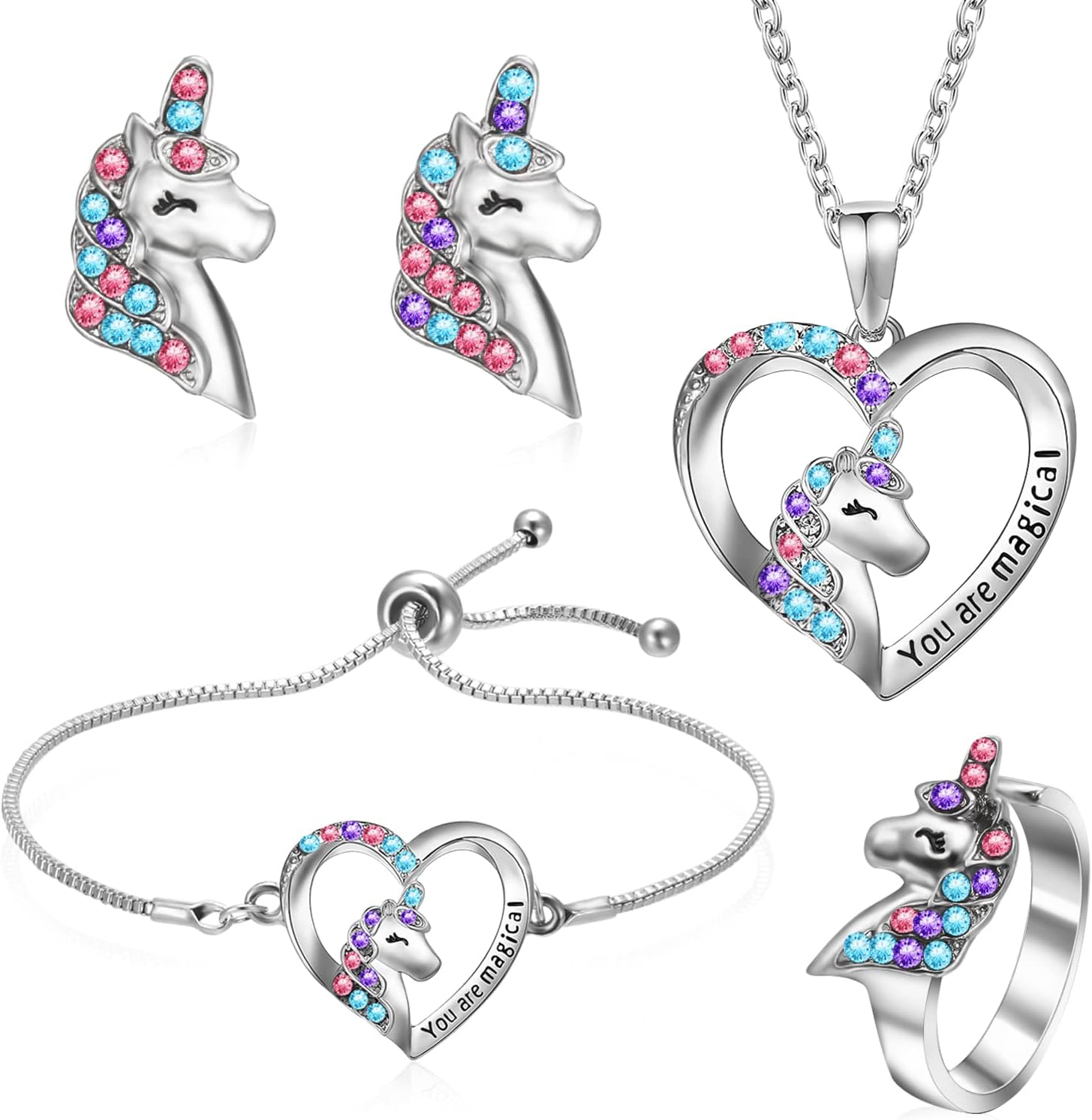 4 PCS Girls Jewelry Set Unicorn Mermaid Necklace Bracelet Set and Earrings Ring with Present Box Jewelry Favors Set Birthday Gift for Little Girl Daughter Granddaughter Niece (FBWOY6163)
