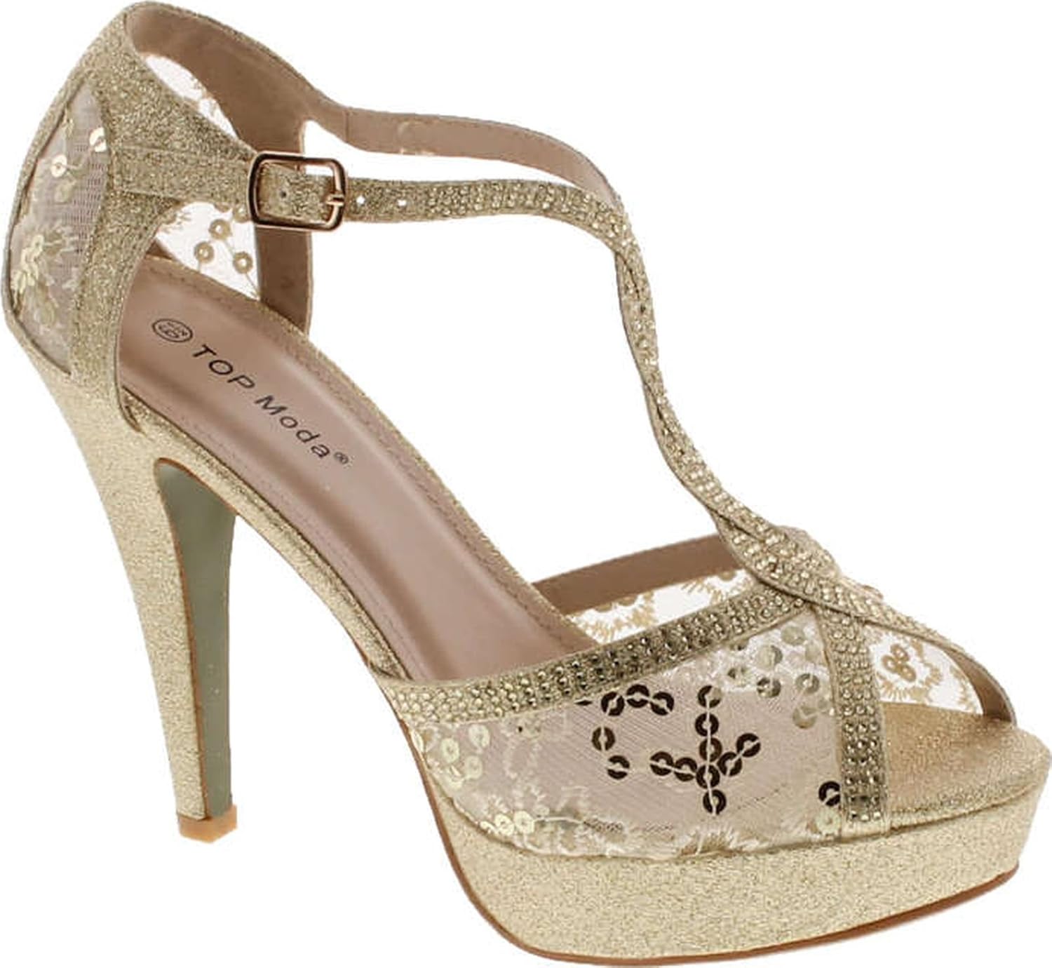 TOP Moda Womens Hy5 Formal Evening Party Lace Ankle T-Strap Peep Toe Stiletto High Heel Pumps