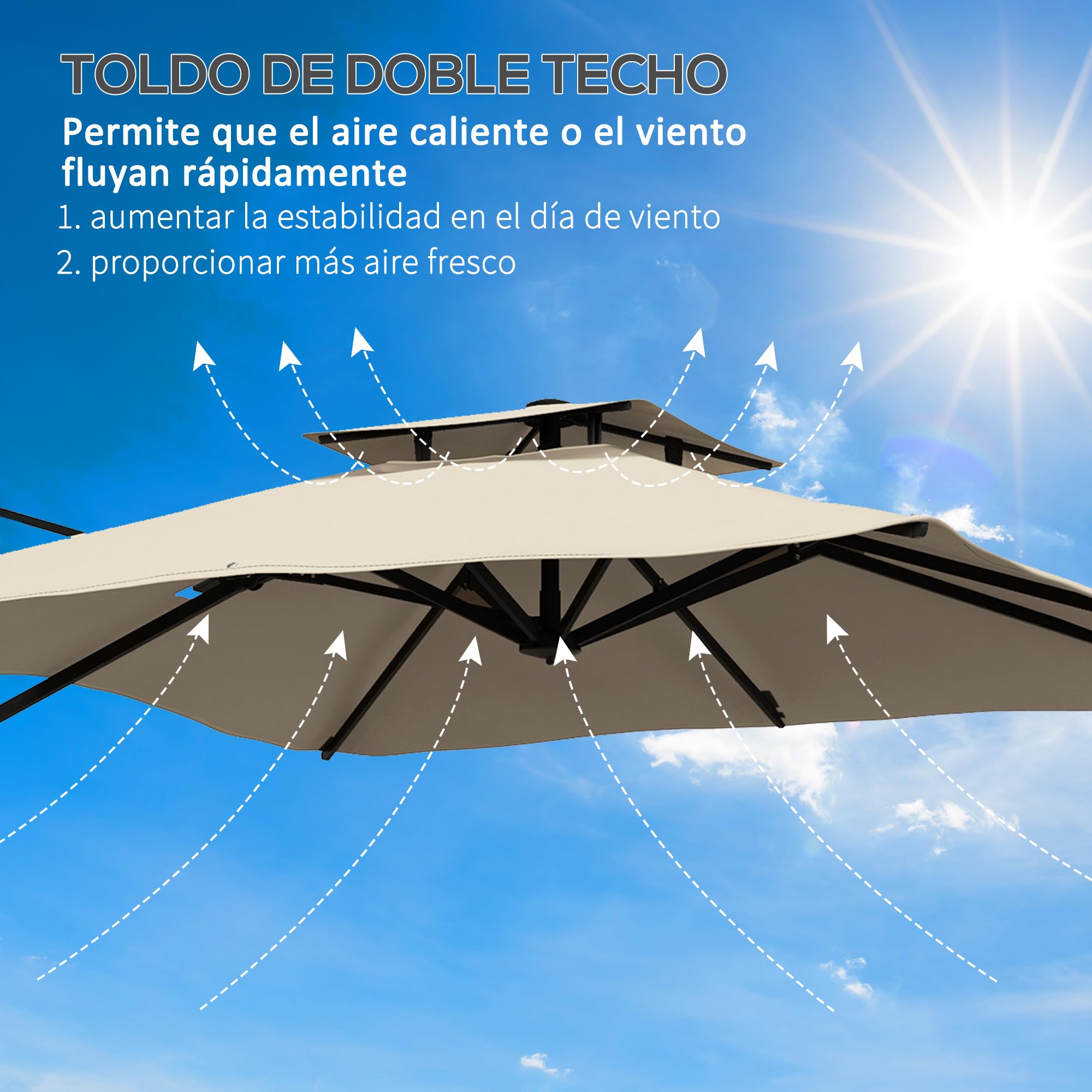 Outsunny Sombrilla de Terraza Exterior 300x300 cm de Aluminio Caqui | Con Manivela, Poste Giratorio 360°, Doble Techo, Inclinable en 6 Posiciones, Base Cruzada Incluida