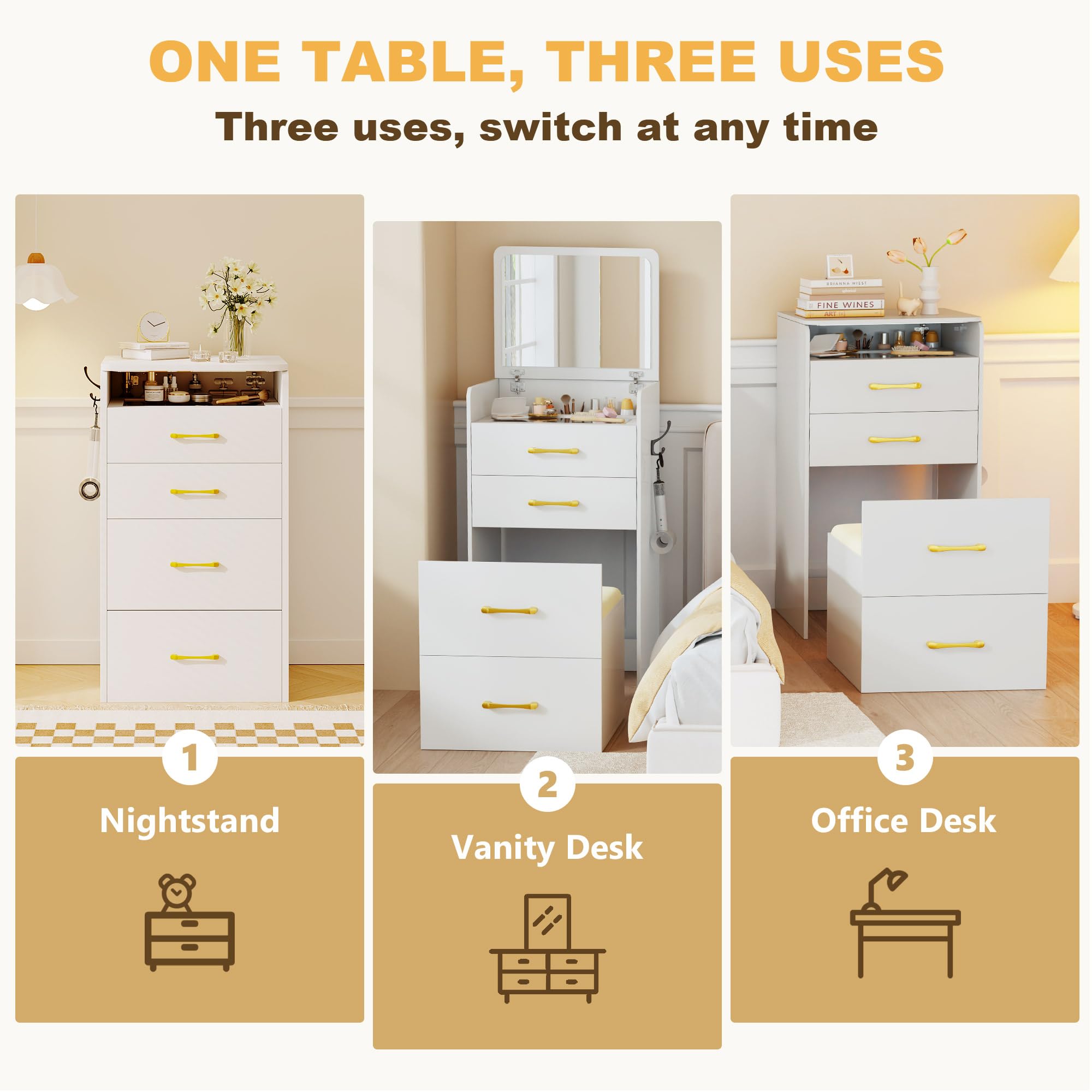 Lvifur 3-in-1 Vanity Desk with Flip Top Mirror, Makeup Vanity Table with Cushioned Stool for Small Space, Compact Dressing Table, Vanity Set for Bedroom