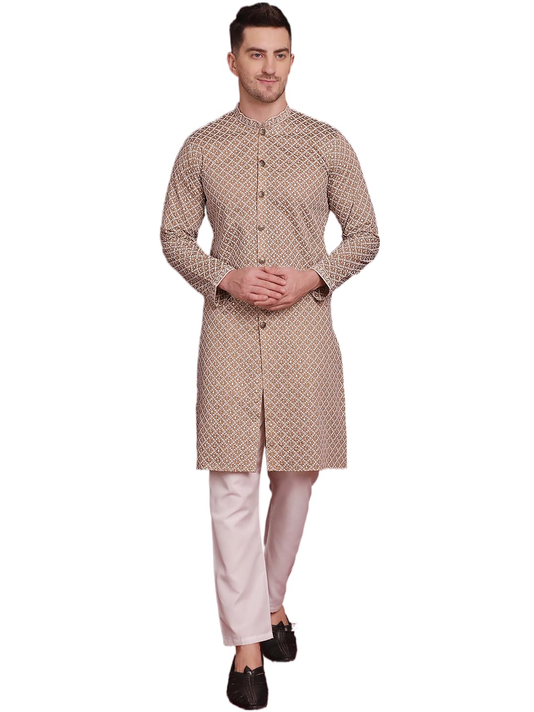 Jompers Men's Sequin Chikankari Front Open Kurta With Pyjamas (Beige, Xl)