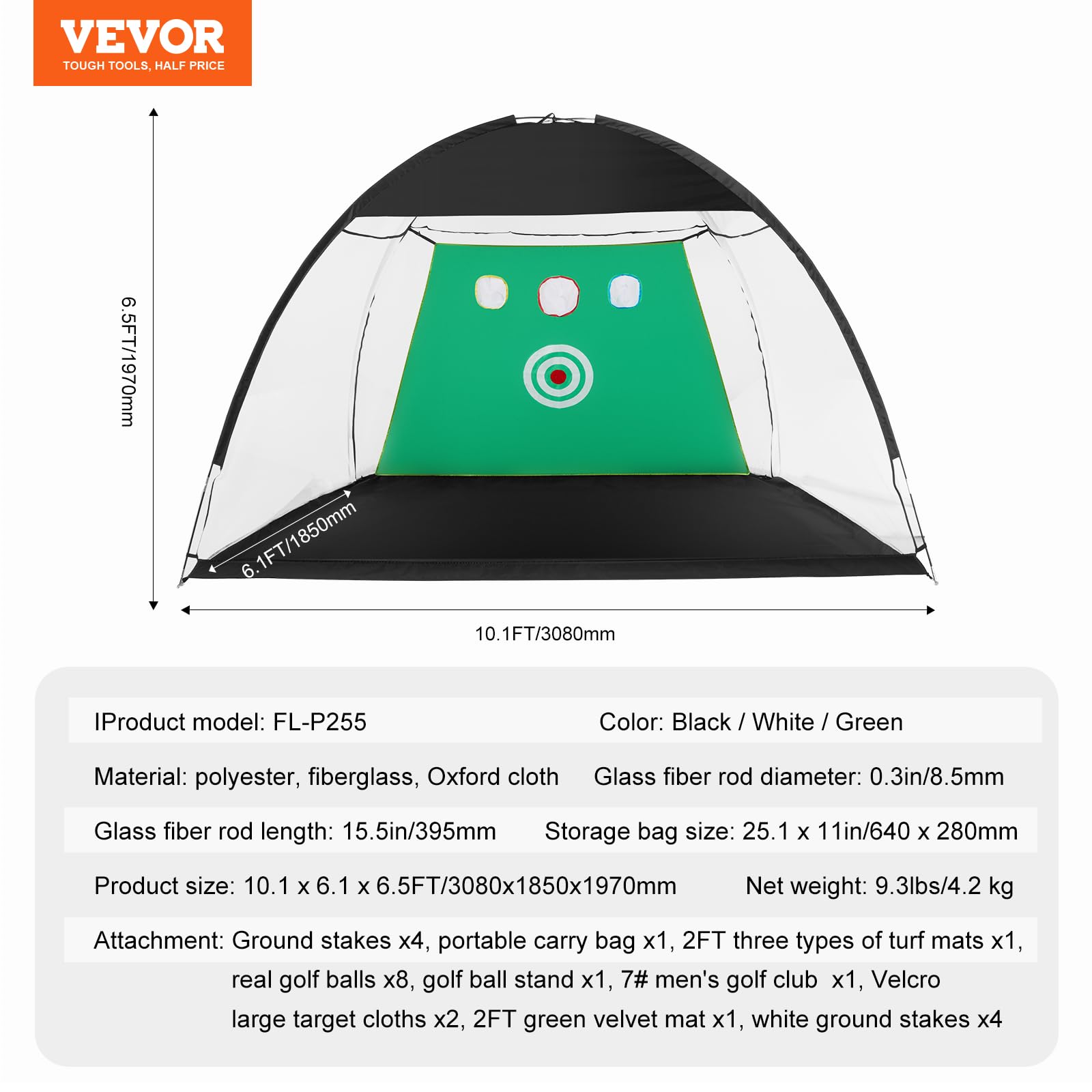 VEVOR Red de Golf, Red de Práctica Todo en 1 de 3080 x 1850 x 1970 mm, Entrenamiento de Swing de Golf en Interiores y Exteriores, Red de Ayuda para Golpear Golf con Objetivo/Alfombrillas de Césped
