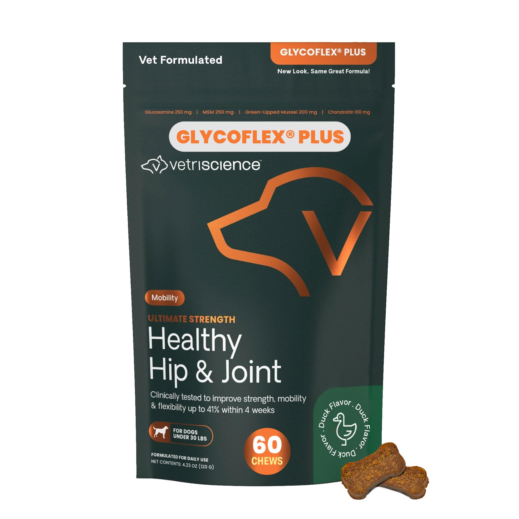 VetriScience Small Dog Ultimate Strength Healthy Hip & Joint Chews, GlycoFlex Glucosamine, Chondroitin and Green Lipped Mussels for Dogs, Soothe Joint Discomfort, Duck, 60 Soft Chews