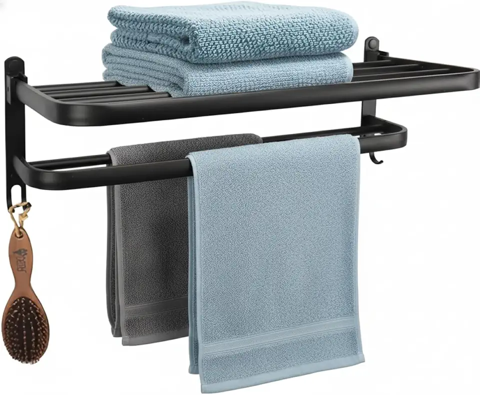 Porta Toalhas Banheiro Duplo 47cm Preto Fosco – Alumínio, Com Ganchos, Instalação Fixa com Parafusos, Antiumidade