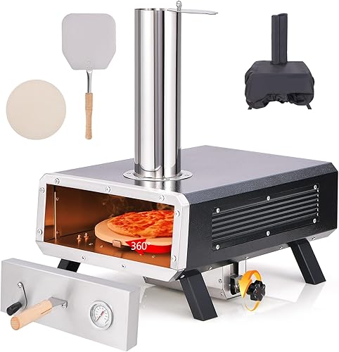 HAPPYGRILL Horno de pizza al aire libre con piedra giratoria para pizza, máquina de pizza de leña con cáscara de pizza, termómetro y cubierta de