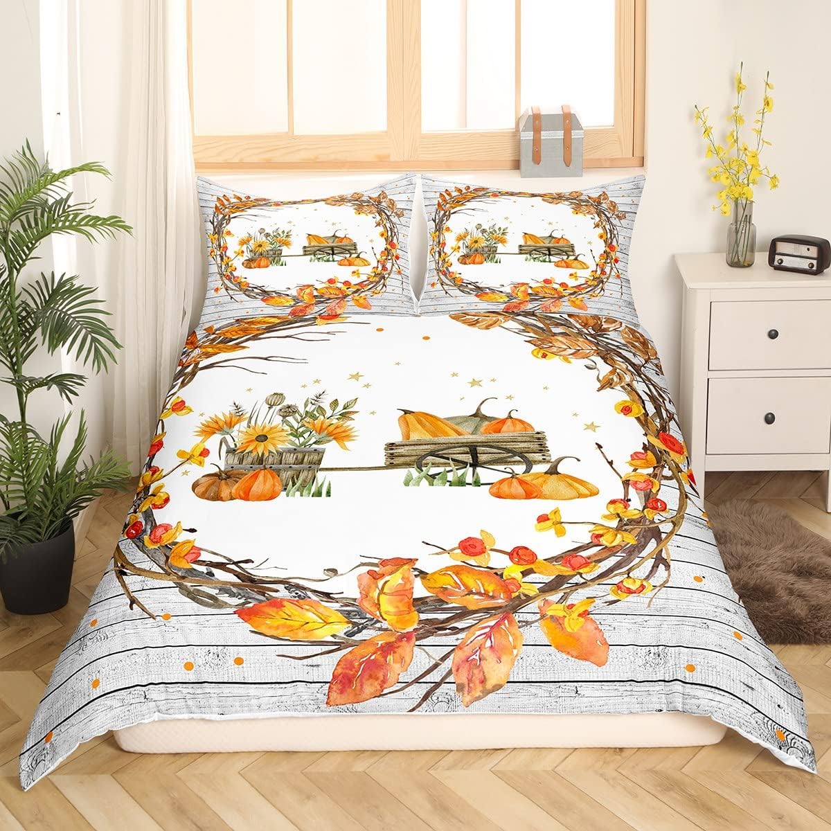 Pumpkin Bedding Set Sunflower Fall Leaves Duvet Cover for