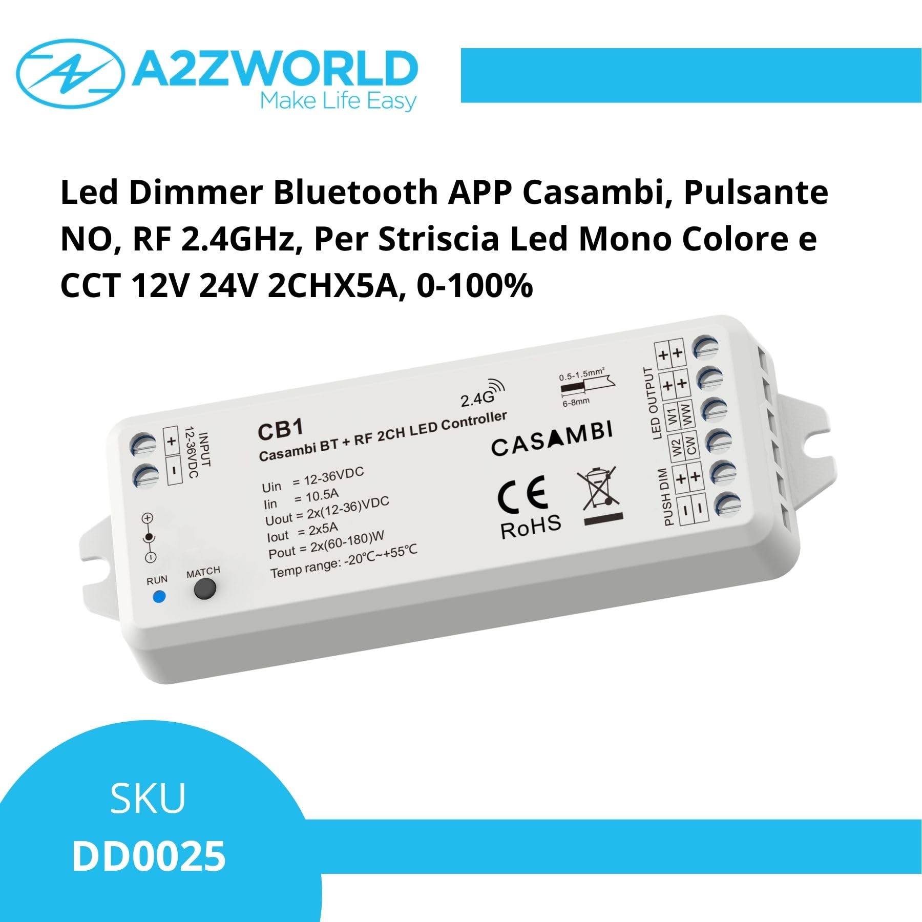 Led Dimmer Bluetooth Casambi APP, RF 2.4GHz con Pulsante NO, per Strisce LED Monocolore e CCT, 12V 24V 36V 2 Canali 2x5A, Regolazione 0-100%
