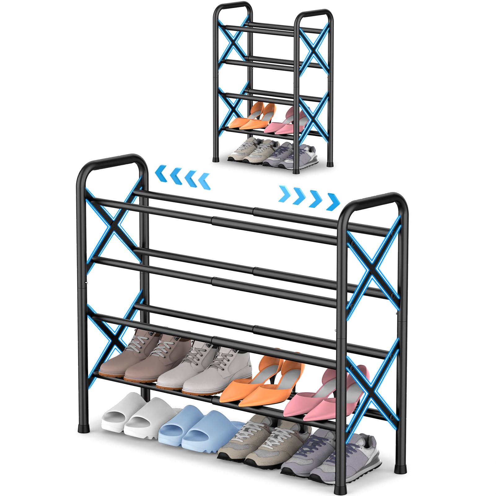 YEASHEIN 4-Tier Expandable Shoe Rack for Closet Floor, X-Frame Metal Small Shoe Rack for Entryway, Adjustable Shoe Shelf Organizer, Free Standing Shoe