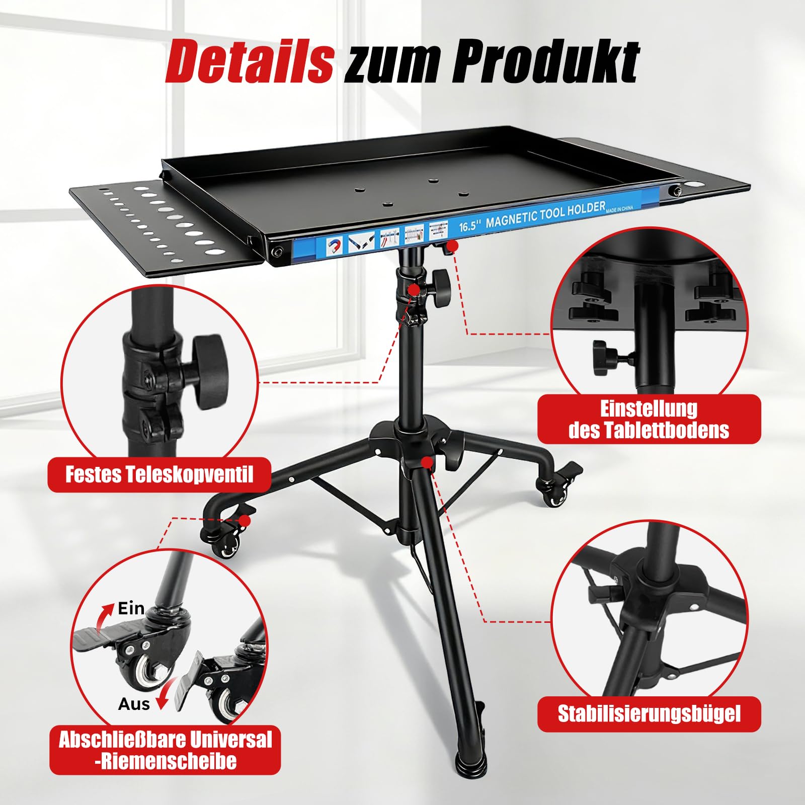 Mobile Werkbank mit Rollen, Höhenverstellbarer Werktisch mit Magnetstreifen, multifunktionale Arbeitstisch für die Garage, Reparatur Werkstatt Haushalt DIY