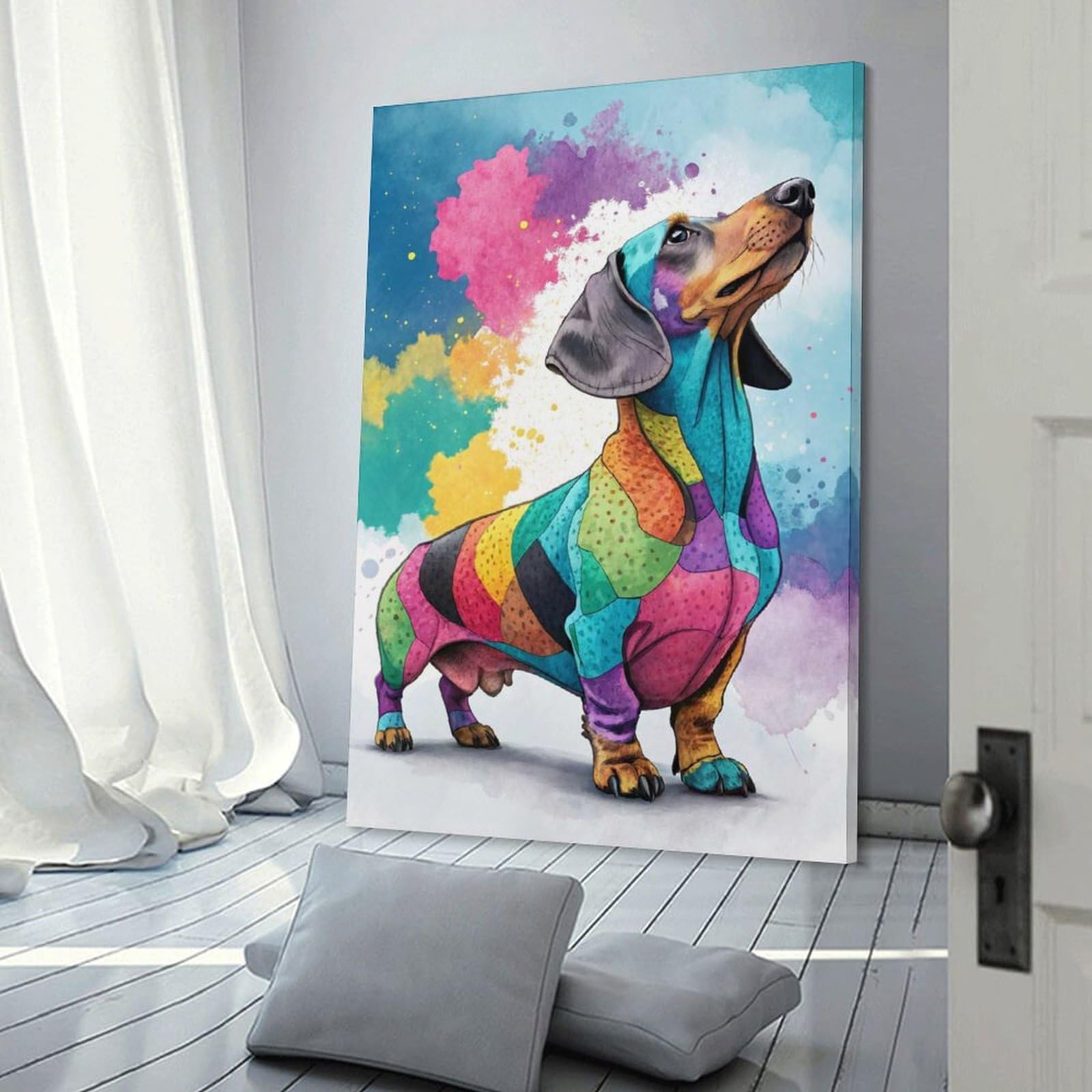 Junmoney Frame-Style-21 Colorful Dachshund Watercolor Painting Hanging Wall Art 20X30inch(50X75cm), For Small Homes, Bedrooms Or Open Spaces, Decorative Canvas Decor For Home Updates
