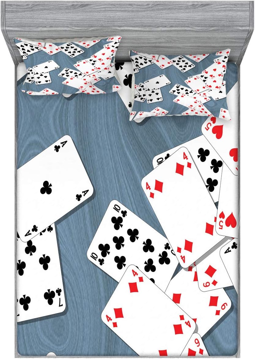 Ambesonne Casino Fitted Sheet & Pillow Sham Set, Abstract Background with Playing Cards Metropolitan Tourist Attractions, Decorative Printed 3 Piece Bedding Decor Set, Full, Slate Blue Red Black