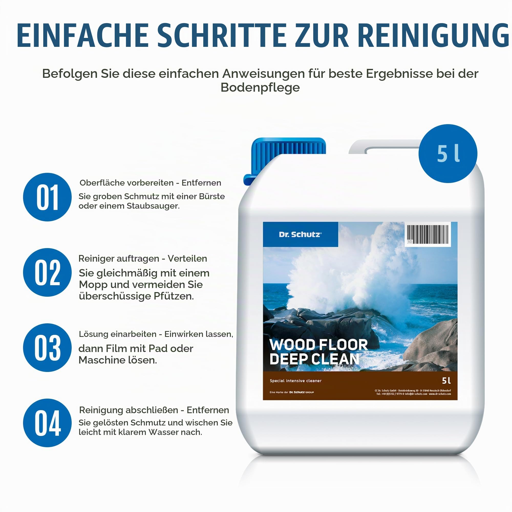Dr. Schutz Intensivreiniger 5 L für Parkett & Kork | Parkettreiniger löst hartnäckigen Schmutz und Fettflecken von versiegelten, geölten, gewachsten Böden | Holzboden Reiniger | Parkett Reinigung